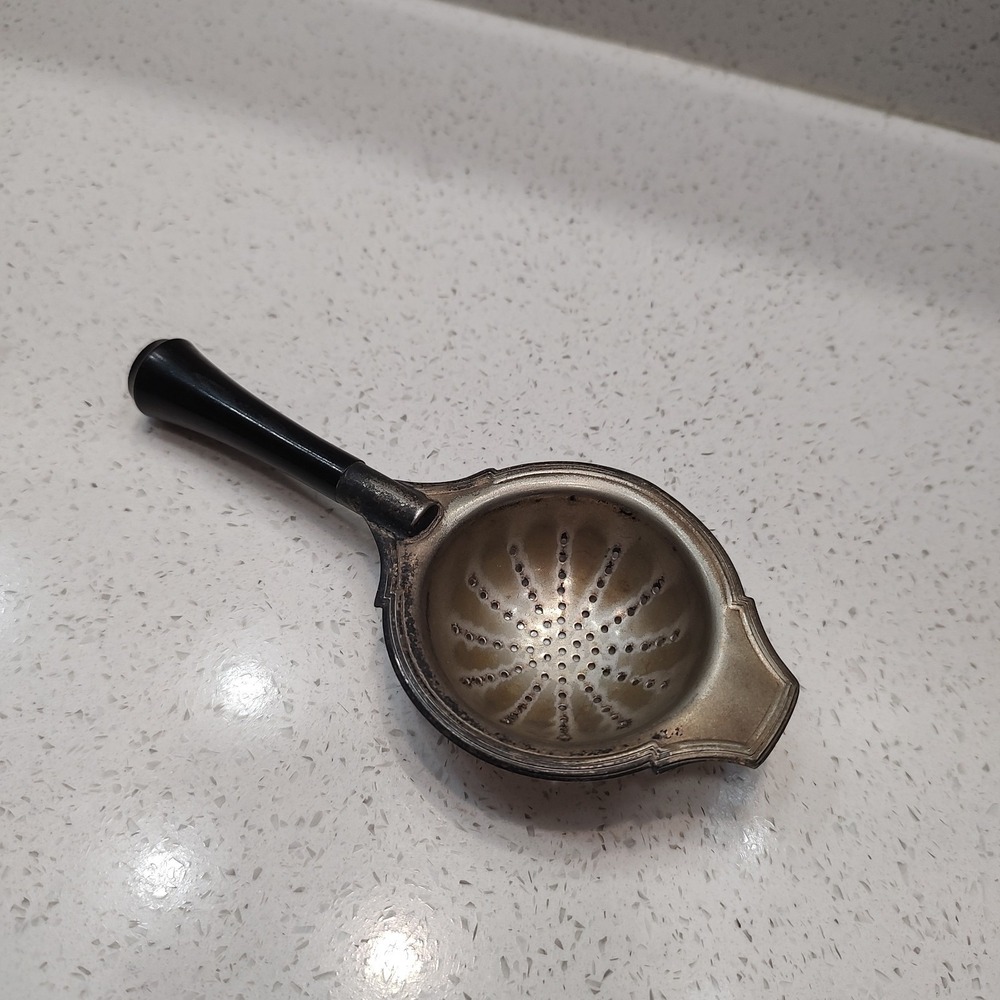 Silver Plated Tea Strainer Spoon Wooden Handle Ornate Mid Century Cottage Core